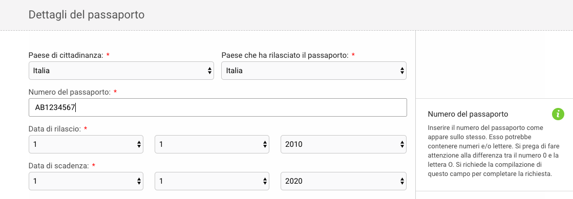 Dettagli sul passaporto del richiedente dell’ESTA