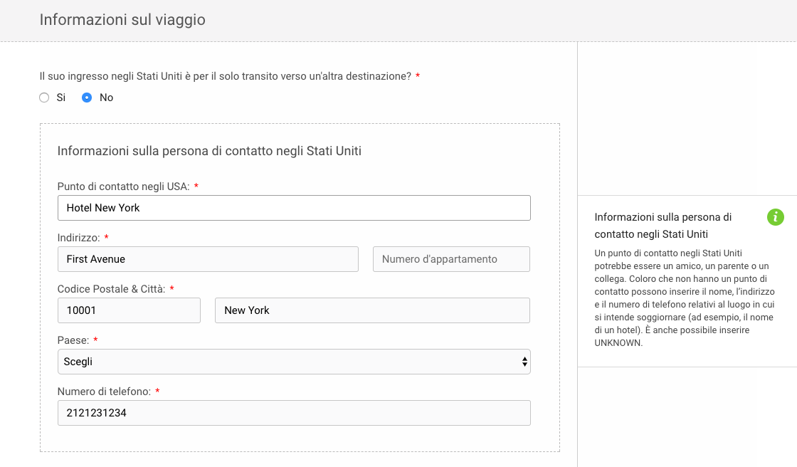 Informazioni sul contatto negli Stati Uniti