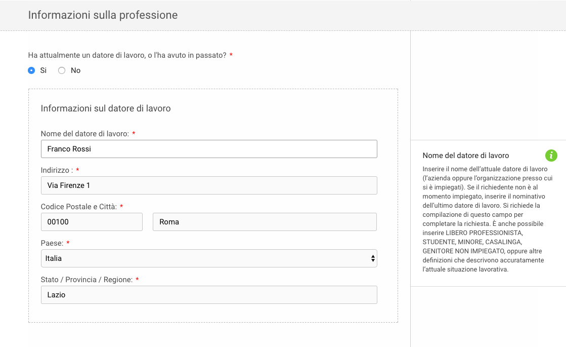Informazioni sulla professione del richiedente dell’ESTA