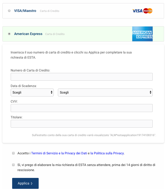 Pagamento dell’ESTA scegliendo la carta di credito che si intende utilizzare
